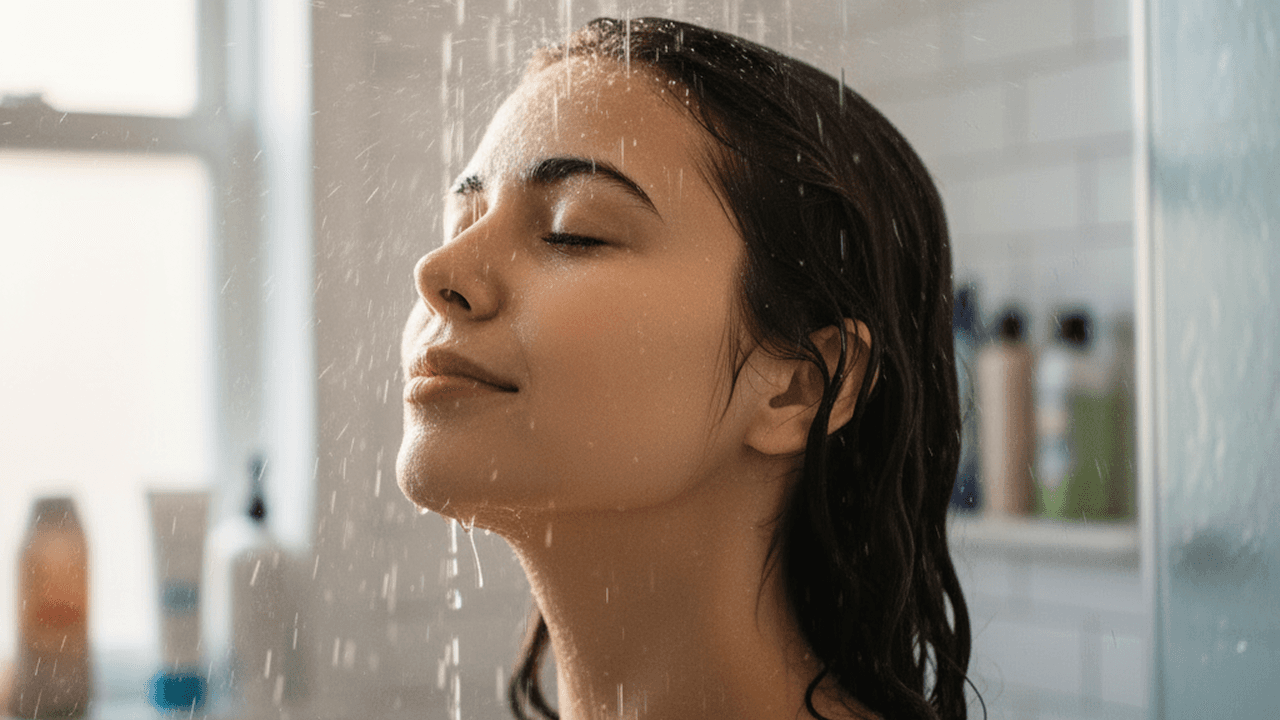 A woman enjoying a shower with soft, conditioned water