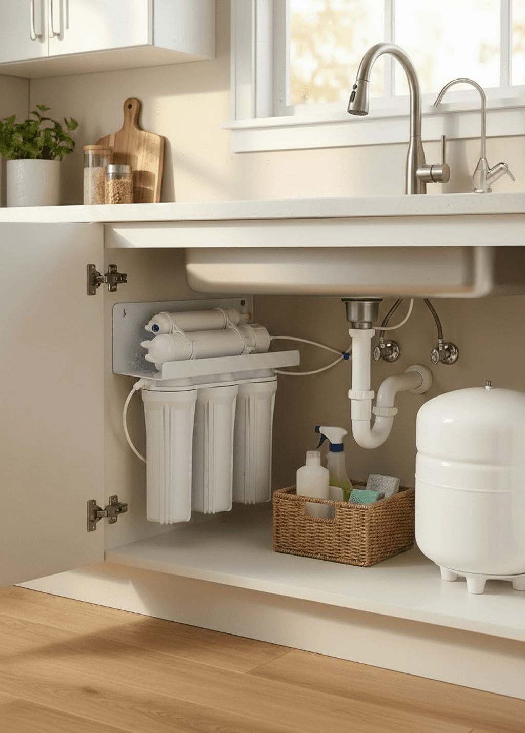 A five-stage reverse osmosis drinking water filter under the sink