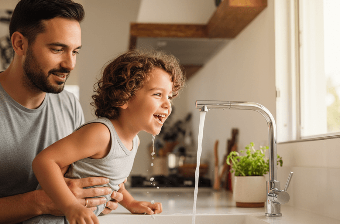A father and child laughing as clean water runs from the kitchen faucet