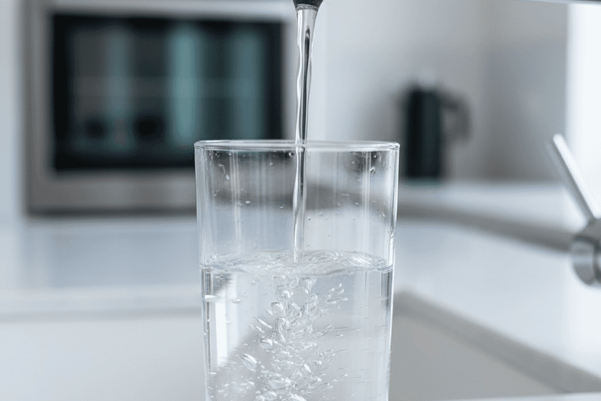 Clean, clear filtered water pouring into a drinking glass