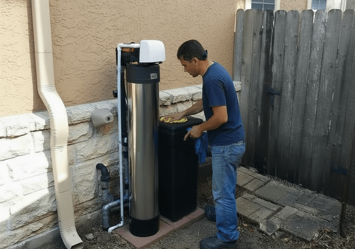 A technician servicing an outdoor water softener system