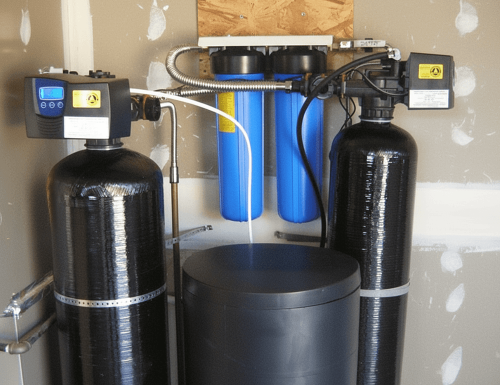 Whole-home water filtration tanks installed along a wall